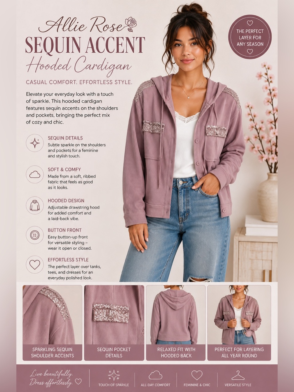 Allie Rose Mauve Sequin Hoodie Medium